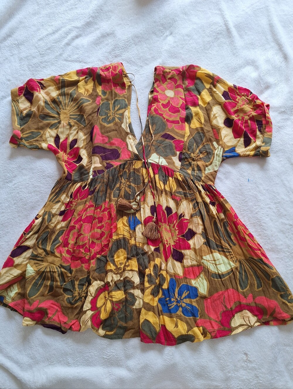 O'Neill Boho Floral Babydoll Mini Dress Medium V-Neck Tassel Tie Viscose M